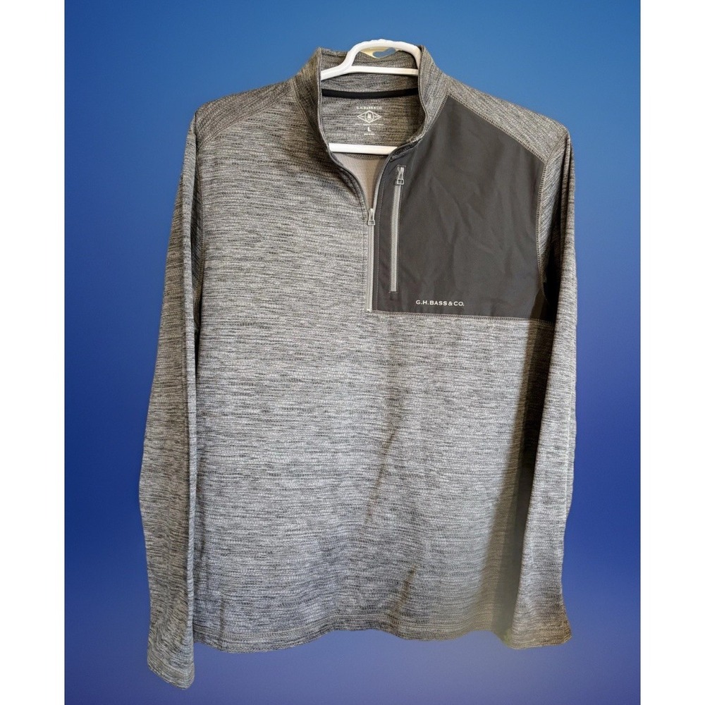 GH Bass Mens Pullover Quarter Zip Sweater Shirt Mixed Media Large Gray Stretch